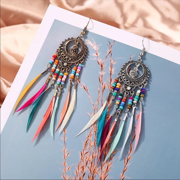 Silver ethnic rainbow beads feather earrings - Picture 2 of 3
